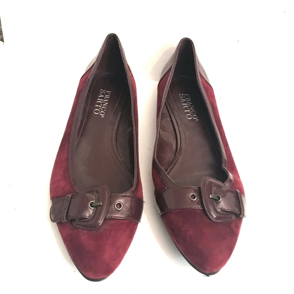 Franco Sarto Burgundy Suede Patent Flats Buckle Toe Size 7